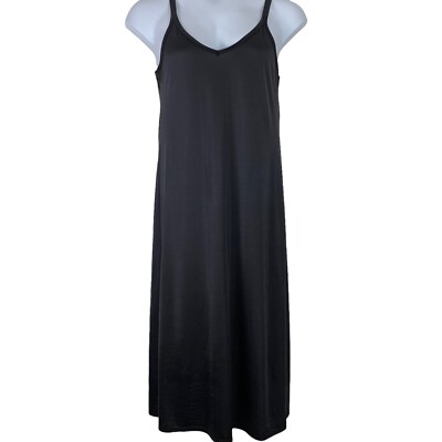 Vintage Slip Dress Vanity Fair Size 38 Black Satin Sleeveless V Neck Midi  Length