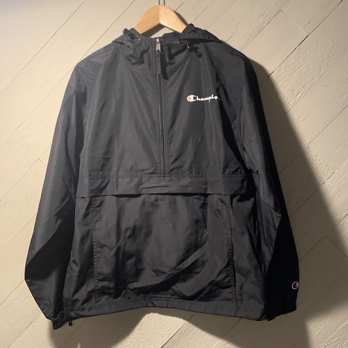 Champion Mens Lightweight Anorak Jacket S Black Half Zip Pullover