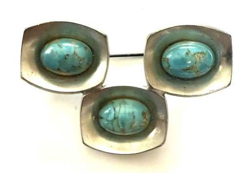 Vintage JORGEN JENSEN Pewter DENMARK Turquoise Abstract Modernist Pin Brooch