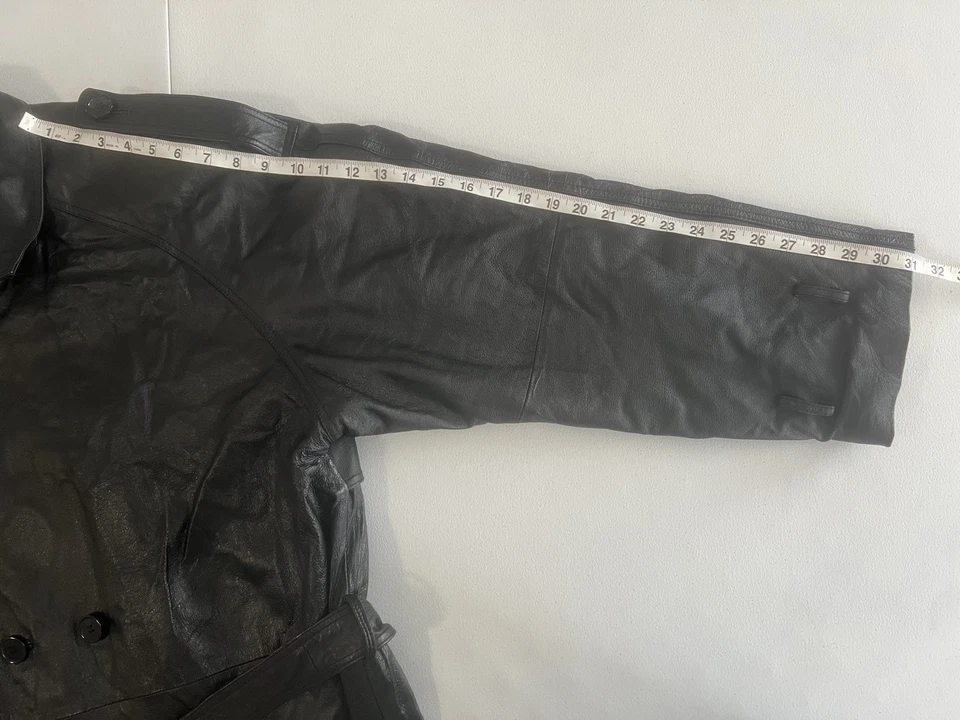 Phase Two Leather Jacket Mens XL Tall Black Lined Button Cinch Long Trench Coat - Image 2 of 4