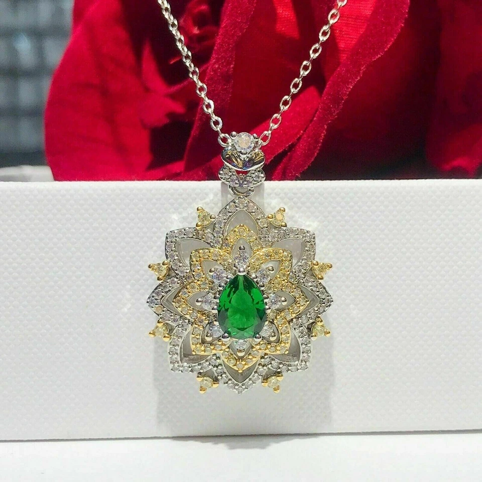14k White Gold Plated Silver 3Ct Lab-Created Emerald Pendant 18 Chain Pear Cut - Image 2 of 4
