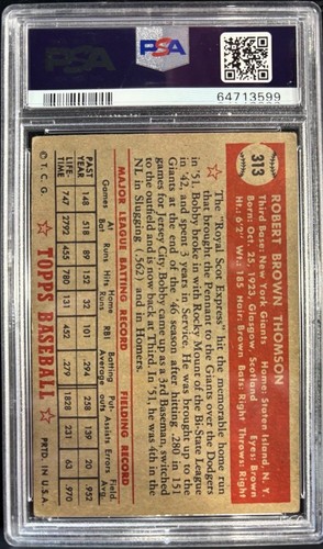 1952 Topps Bobby Thomson PSA 3 VG #313 New York Giants Rare - Bild 2 von 2