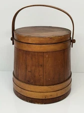 11.5” Primitive Antique Vintage Wood Firkin Banded Sugar Bucket w/Handle & Lid