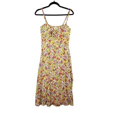AUW Size L Sweetheart Midi Dress Yellow Pink Microfloral Sundress Cottagecore