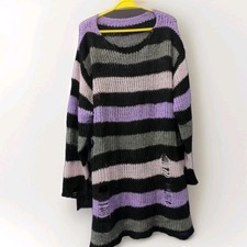 Womens Gothic Striped Ripped Oversized Knit Sweater Dress Grunge Punk Goth 2XL