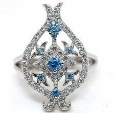 1CT Blue Topaz  White Topaz 925 Solid Genuine Sterling Silver Ring Sz 6 MB5-3