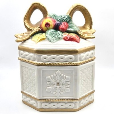 Fitz and Floyd Classics ''Snowy Woods'' Cookie Candy Trinket Box Fruit Bow Lidded