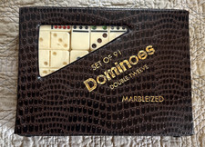 Set Of 91 Vintage Double Twelve Marbelized Dominoes Black Dot With Case Classic