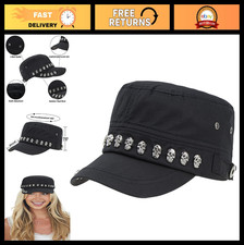 Unisex Skull Skeleton Studded Punk Flat Cap - Cool Army Style Hat S-M 
