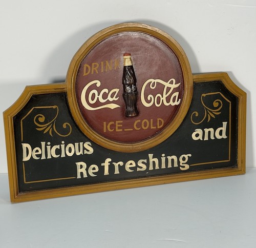 Coca Cola 23in Advertising Sign w/ 3D Bottle - Ice Cold Delicious And Refreshing