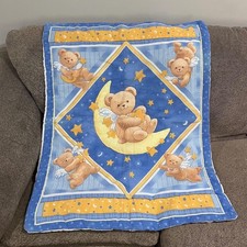 Vtg 90s Celestial Angel Teddy Bear Moon Stars Baby Quilt Blue Yellow 33x42