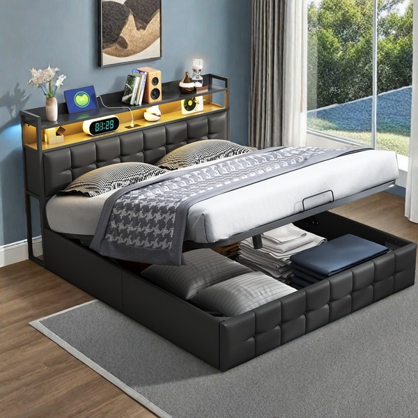Polsterbett Doppelbett:140X200Cm Bettrahmen Mit Led Usb Hydraulisch Stauraumbett-image