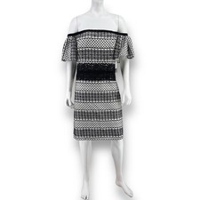 H Halston Eyelet Lace Off Shoulder Dress Womens Size 10 Black White