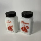 Vtg McKee Sailboat Salt Pepper Shakers White Milk Glass Black Bakelite Lids Box9
