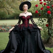 Vintage Gothic Wedding Dress Strapless Long Sleeves Layered Ruffles Bridal Gowns