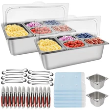 2P Pizza Topping Station 7 Pans Stainless Steel Spice Organizer Salad Bar Buf...