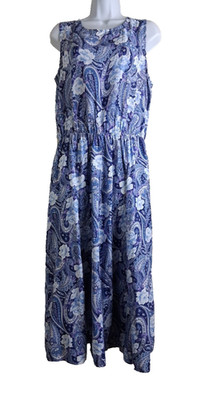 Jonathan Logan Vtg Dress Sleeveless Maxi Rayon Blue White Roses Paisley Size 14