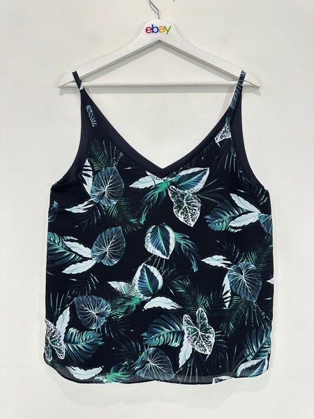 Decjuba Cami Top Women 12 Tropical Leaf Print V-Neck Lined Tank Top Black