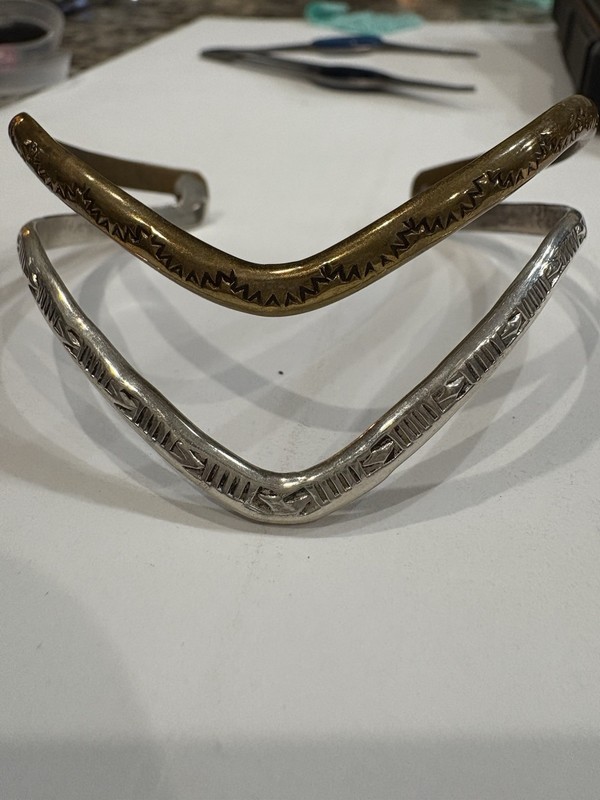 Vtg DCG Native American Southwestern Sterling Silver & Brass V Cuff Bracelet 