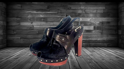 UGG Womens Shoes Nicco Black Leather Calf Hair Peep Toe Platform Heels Size 7