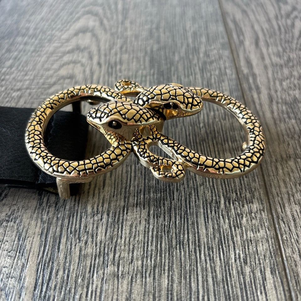 Express Black faux leather belt with gold double snake belt buckle Fits 36 - 42 - Image 4 of 4