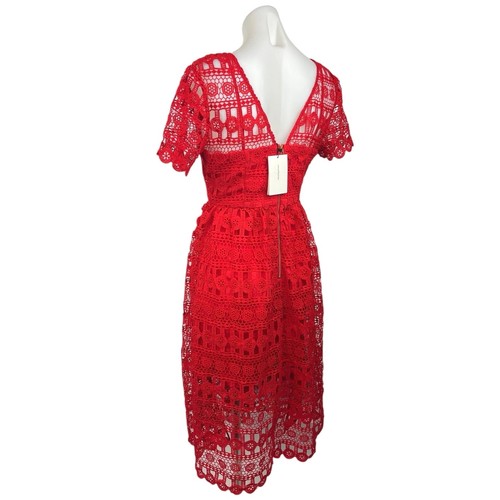 o.p.t Women's Red V-Neck Short Sleeve Back Zipper Lace Fit & Flare Midi Dress S - Picture 2 of 5