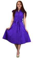 Pure Cotton Button Up Vintage Tea Party Swing Dress Fabric Belt Purple X-Large