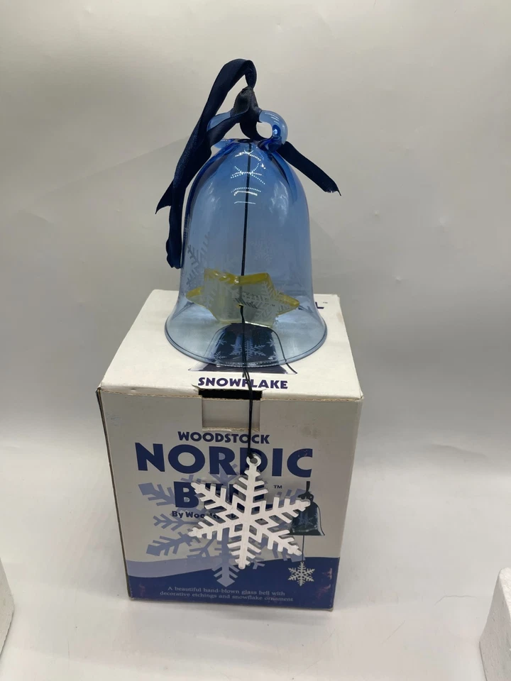 Woodstock Chimes Nordic Bell Wind Chime Etched Snowflakes Blue Blown Glass - Image 2 of 4