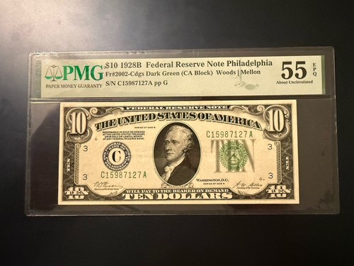 1928-B 10 $ FRN Philadelphia Fr. Goldnote 2002-Gdgs PMG 55 EPQ Serial C15987127A