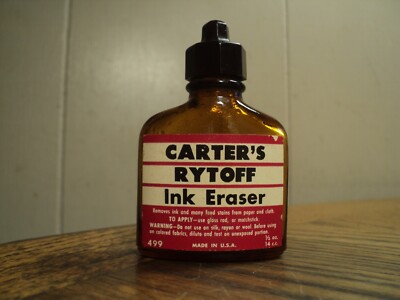 Vintage Carter's RYTOFF Ink Eraser 1/2 Oz Bottle  2-3/4'' Tall  USA  Almost Empty