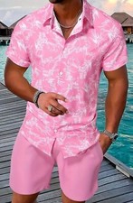 Men  s Pink 2 Piece Hawaii Shirt And Shorts Size S