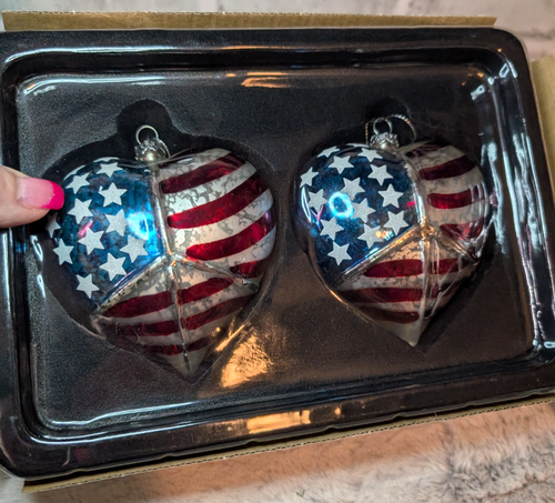 NIB Trimsetter Dillards American Flag Peace Glass Heart 2 Christmas Ornaments - Picture 3 of 8