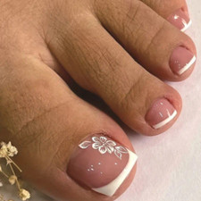 24x False Toenails French flower Fake Press On Full Cover Toe with Sticky Tab UK
