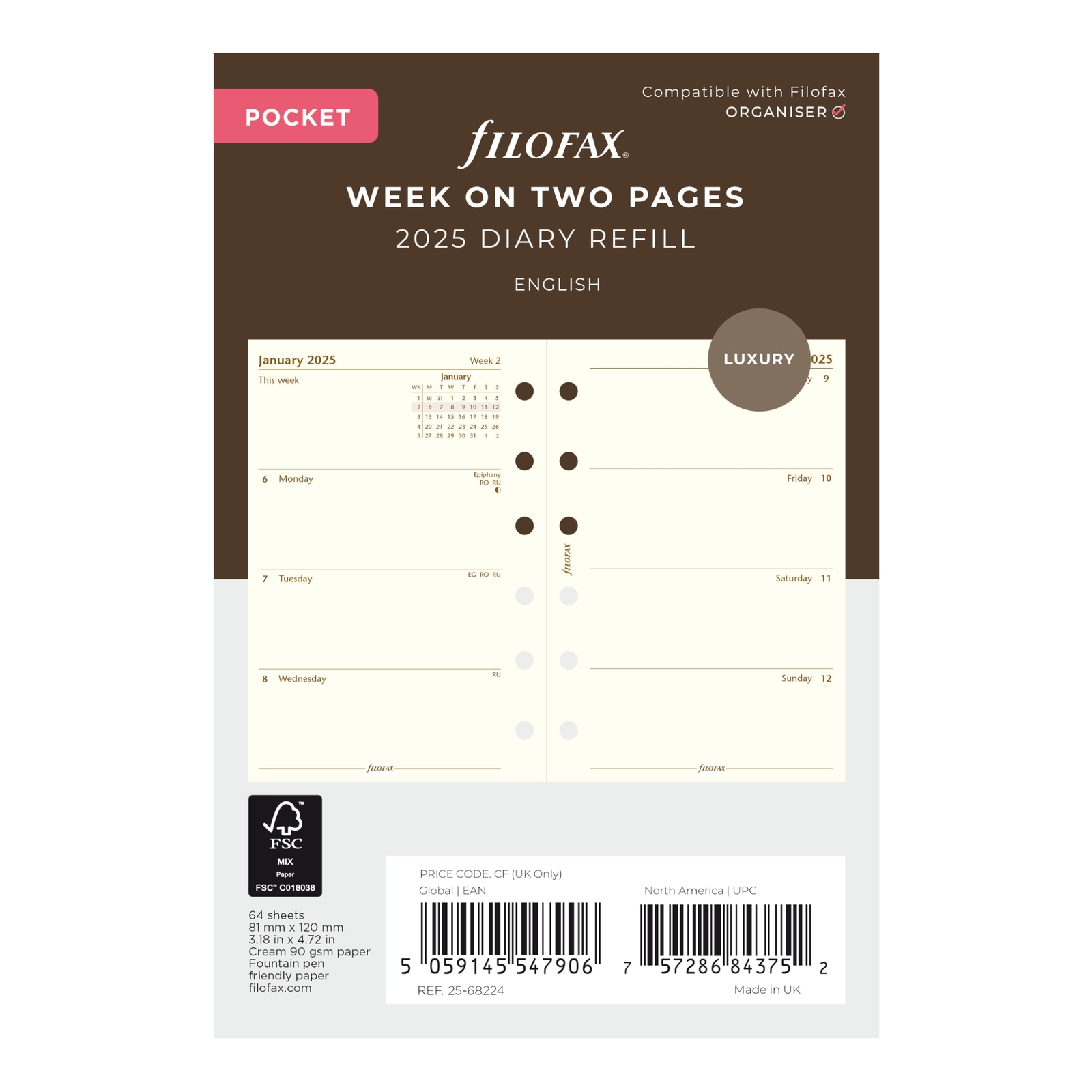 Filofax Calendar Diary Refill Pocket Size Week-to-View Cotton Cream Paper Unr...