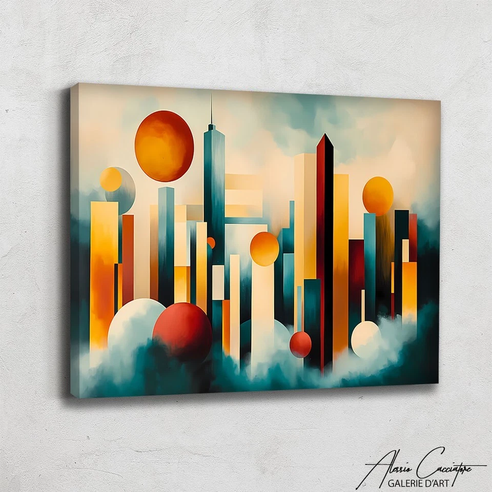 Decoración de oficina abstracta moderna de mediados de siglo del horizonte de la ciudad para hombre de mediados de siglo Foto 2 de 4