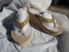NEW wedge heels shoes sandals size 6 gold 3" high sequins bling