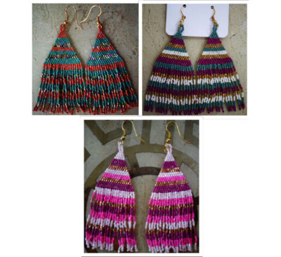 Beaded Fringe Earrings tassel seed bead dangle earrings gold green  maroon pink