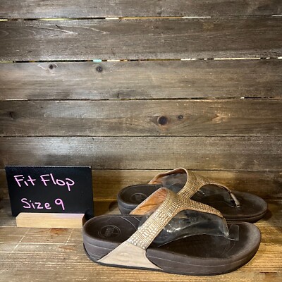 Womens FitFlop Chada Brown Leather Thong Jeweled Flip Flops