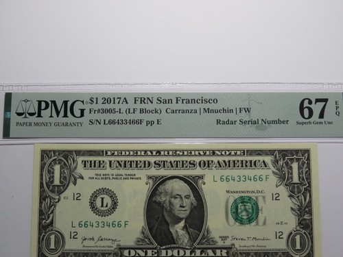 $1 2017 Radar Serial Number Federal Reserve Currency Bank Note Bill PMG UNC67EPQ - Picture 2 of 3