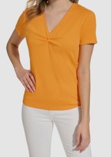 Calvin Klein Women's Orange Twist Front V-Neck T-Shirt Top Size S