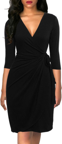 Women'S Classic 3/4 Sleeve V Neck Sheath Casual Party Work Faux Black Wrap Dress