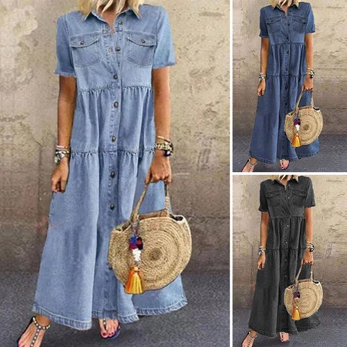 Womens Short Sleeve Lapel Denim Maxi 