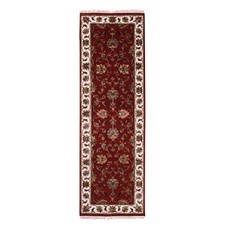 2'6" x 8'2" Red Wool and Silk Hand Knotted Rajasthan Design Runner Rug R75393