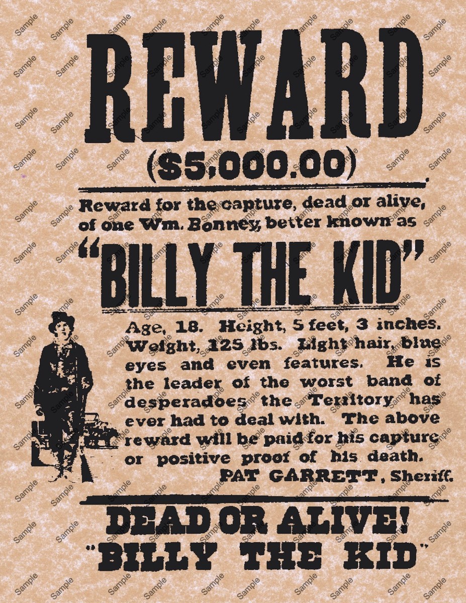 BILLY THE KID $5000 WANTED DEAD OR ALIVE REWARD POSTER Wild West