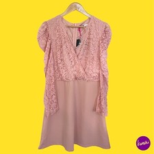 V BY VERY Women's Scuba Lace Overlay Prom Dress, Mini, Long Sleeve, Blush, UK 14