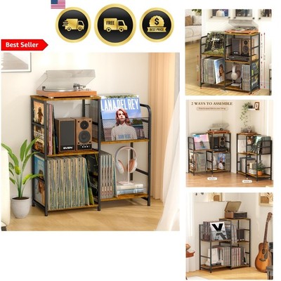 Record Player Stand Vinyl Storage Cabinet with 300+ Albums Tiered Shelves