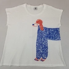 Inoah Shirt Womens Large White Crinkle Knit Poodle Dog Graphic Artsy Top T635WK