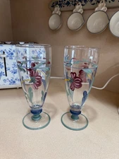 Lenox Handpainted Poppies on Blue Iced Tea 16 OZ Glasses Set of 2