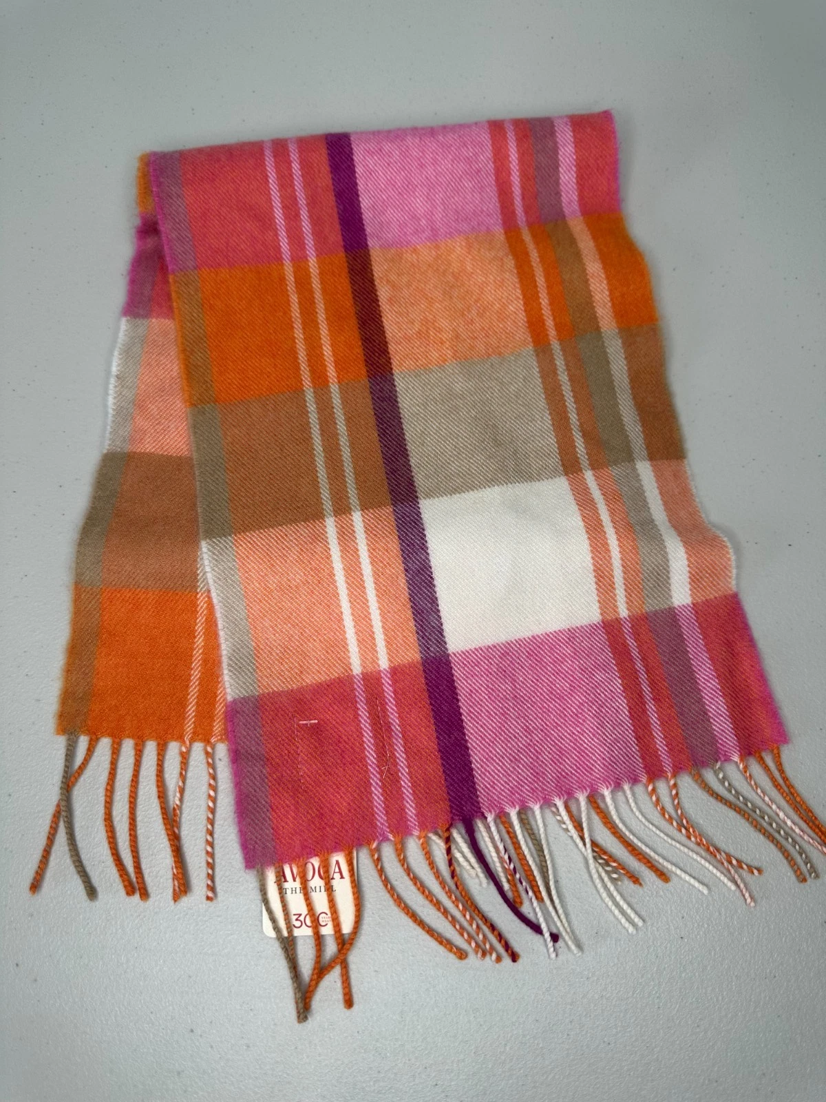 New Avoca The Mill Ireland Pure New Wool Scarf Plaid Fringe Orange Pink