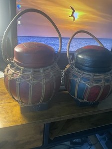 (2) VTG Chinese Bamboo Rice Storage Containers Hand Painted And Crafted RARE